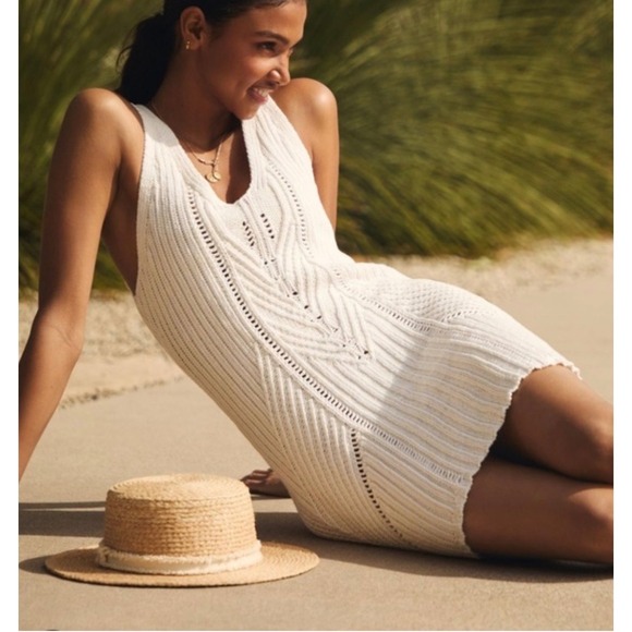 Anthropologie Ivory Pointelle Crochet Open Back Mini Dress Size Large - Picture 3 of 8